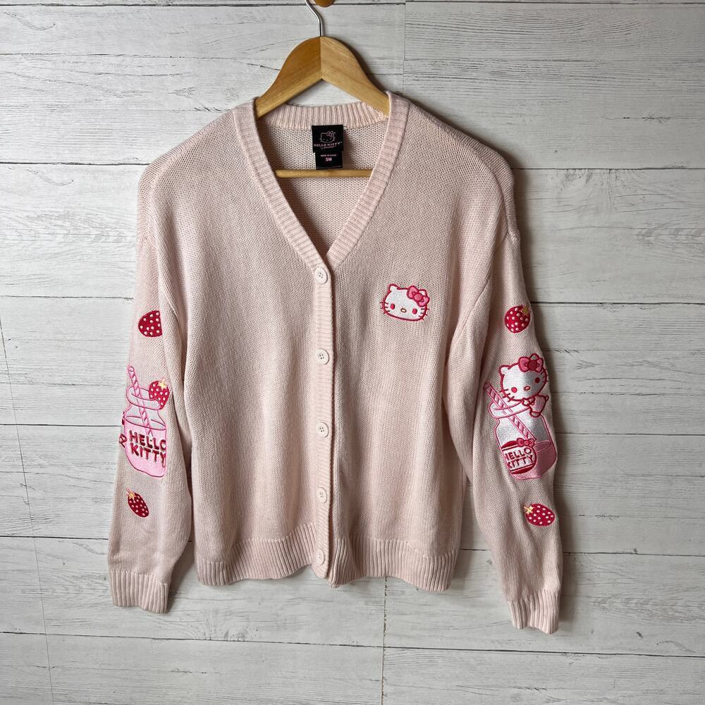 Hello Kitty Sweater Womens Size Small Pink Strawberry Milk Skimmer Cardigan - Picture 1 of 16
